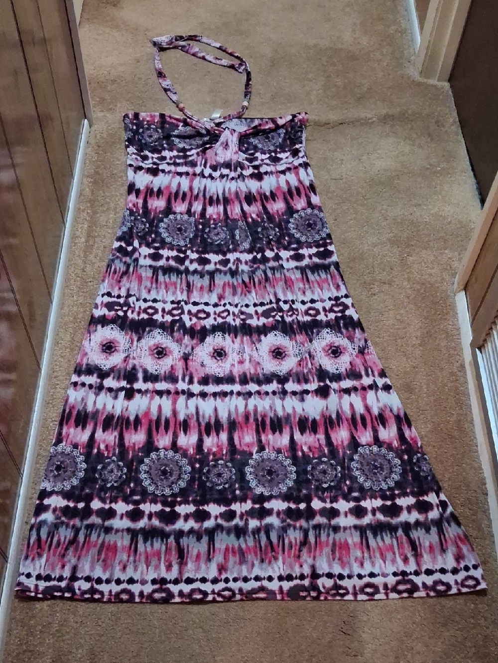 Caren Sport Pink, Black & White Tie-Dye Halter Maxi